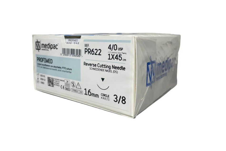 PTFE - Monofiles, nicht resorbierbares Nahtmaterial. Weiß. Packung mit 24 Stück.