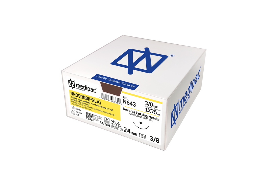 Neosorb (ähnlich wie gewöhnliches Vicryl) – resorbierbar. Packung mit 24 Stück.