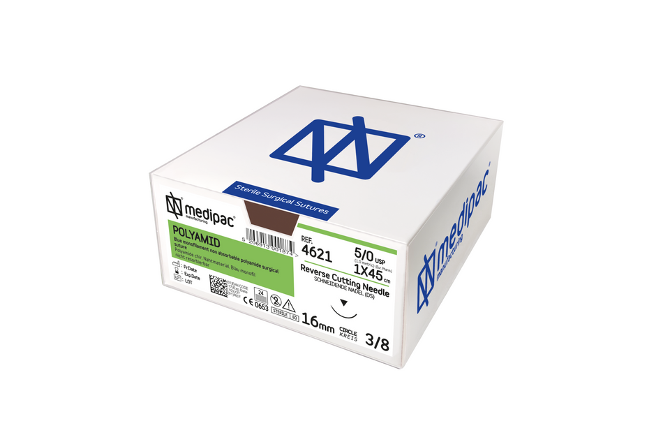 Polyamid (Nylon) – Monofiles, nicht resorbierbares Nahtmaterial. Blau. Packung mit 24 Stück.