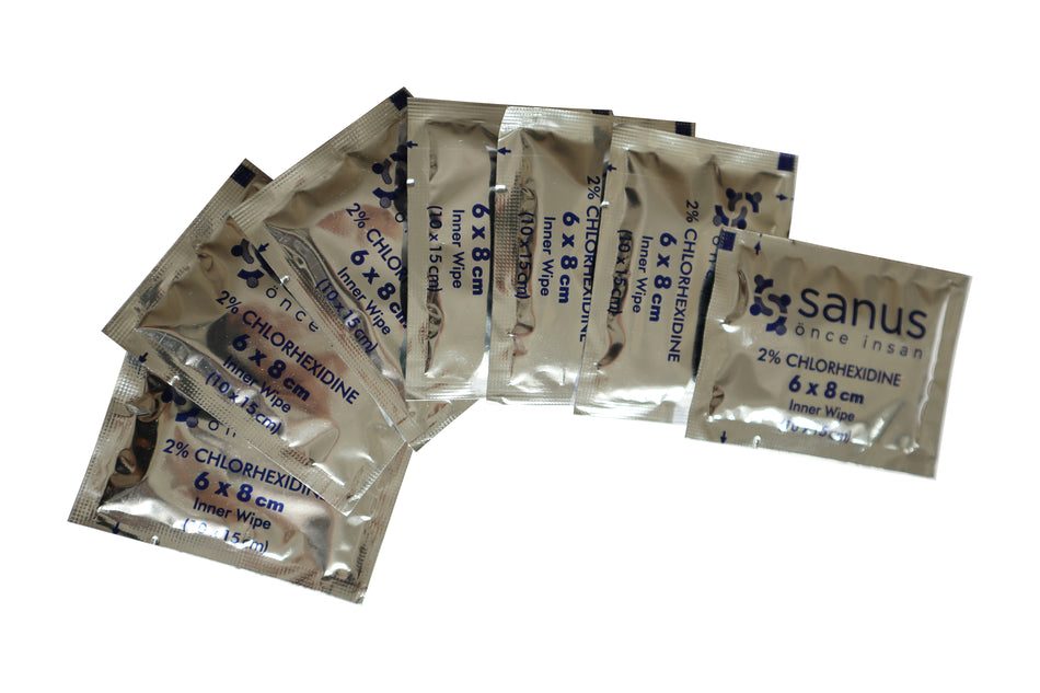 2 % Chlorhexidin-Tücher, Packung mit 100 Stück.