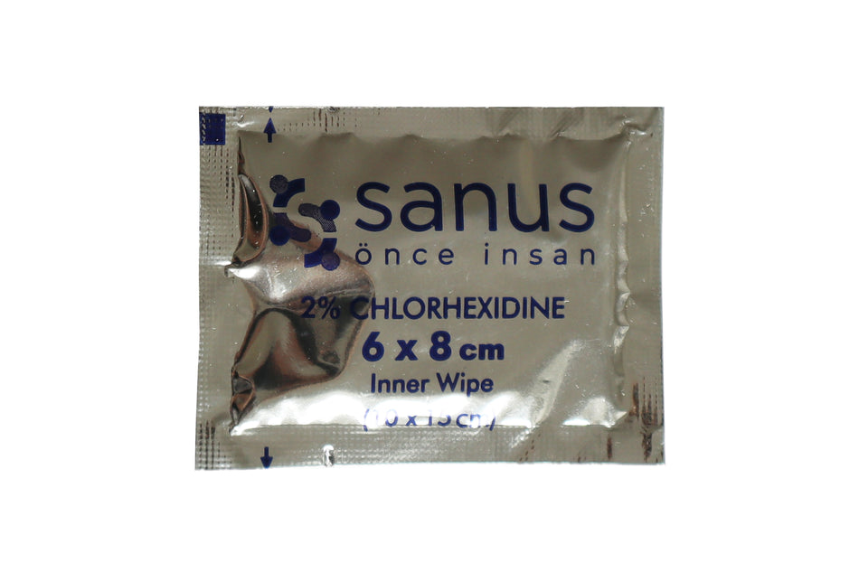 2 % Chlorhexidin-Tücher, Packung mit 100 Stück.