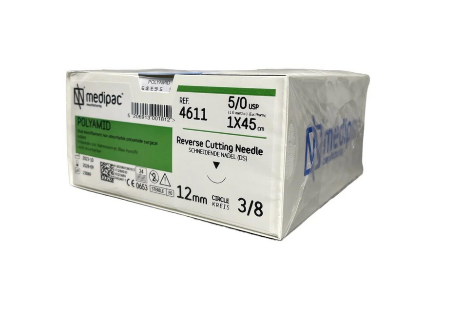 Polyamid (Nylon) – Monofiles, nicht resorbierbares Nahtmaterial. Blau. Packung mit 24 Stück.